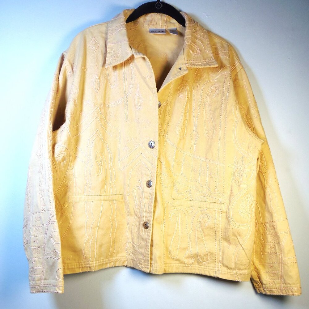 Chico's Size 2 Buttery Yellow Jacket Floral Embroidered w/Pockets Cottage Core